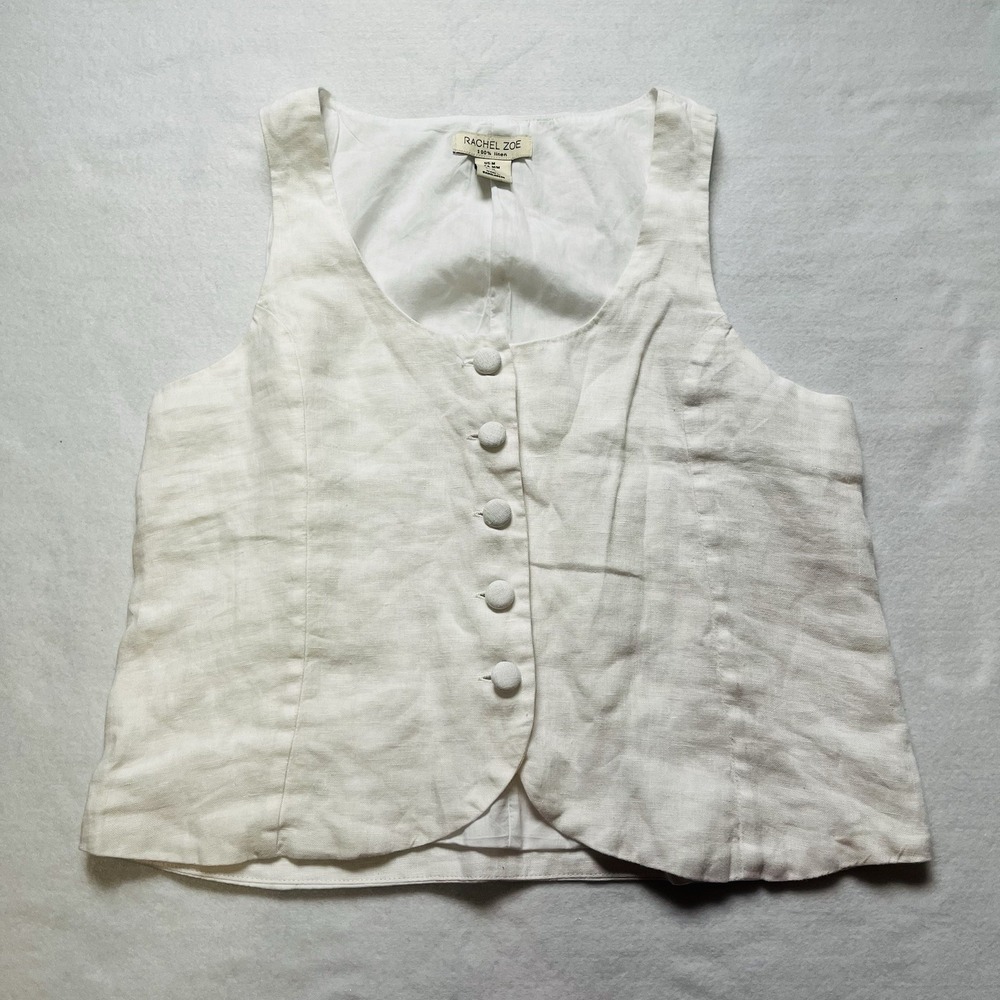 Rachel Zoe 100% Linen Button Front Crop Vest Top White Sz M Boho Quiet Luxury